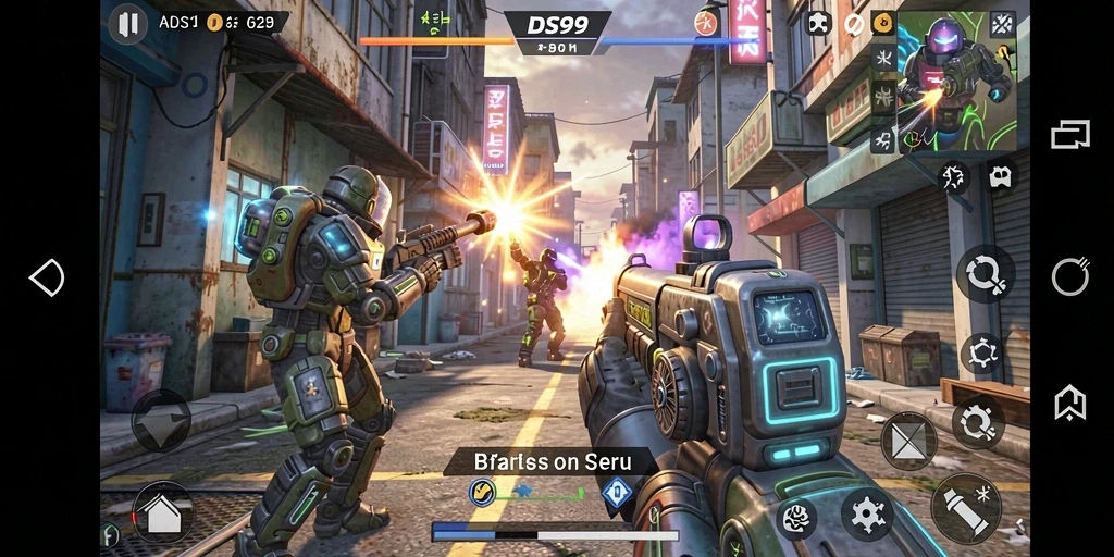 Screenshot gameplay DS99 menampilkan pertempuran yang mendebarkan.