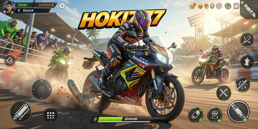 Tampilan gameplay menegangkan di HOKI777 dalam balapan motor.