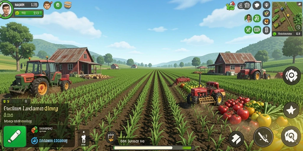Tampilan screenshot utama NAGAWIN menampilkan ladang hijau subur dan aktivitas bertani yang dinamis.