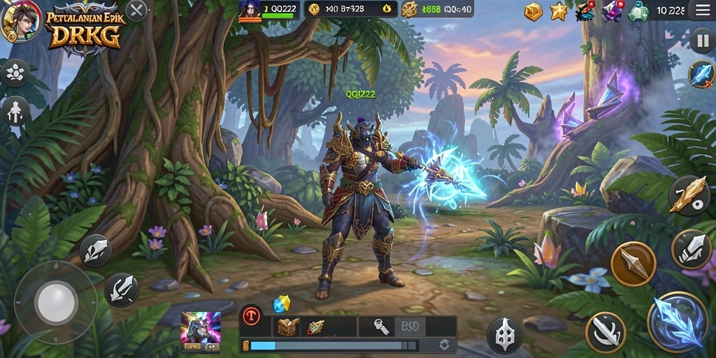 Screenshot utama QQ222 menampilkan karakter dalam pertarungan RPG yang epik.