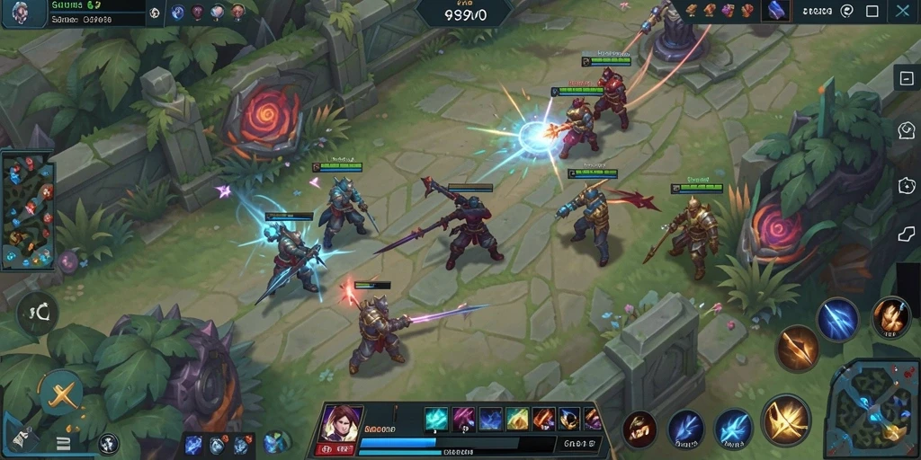 Tangkapan layar gameplay MOBA S80, menunjukkan pertarungan seru antar karakter.